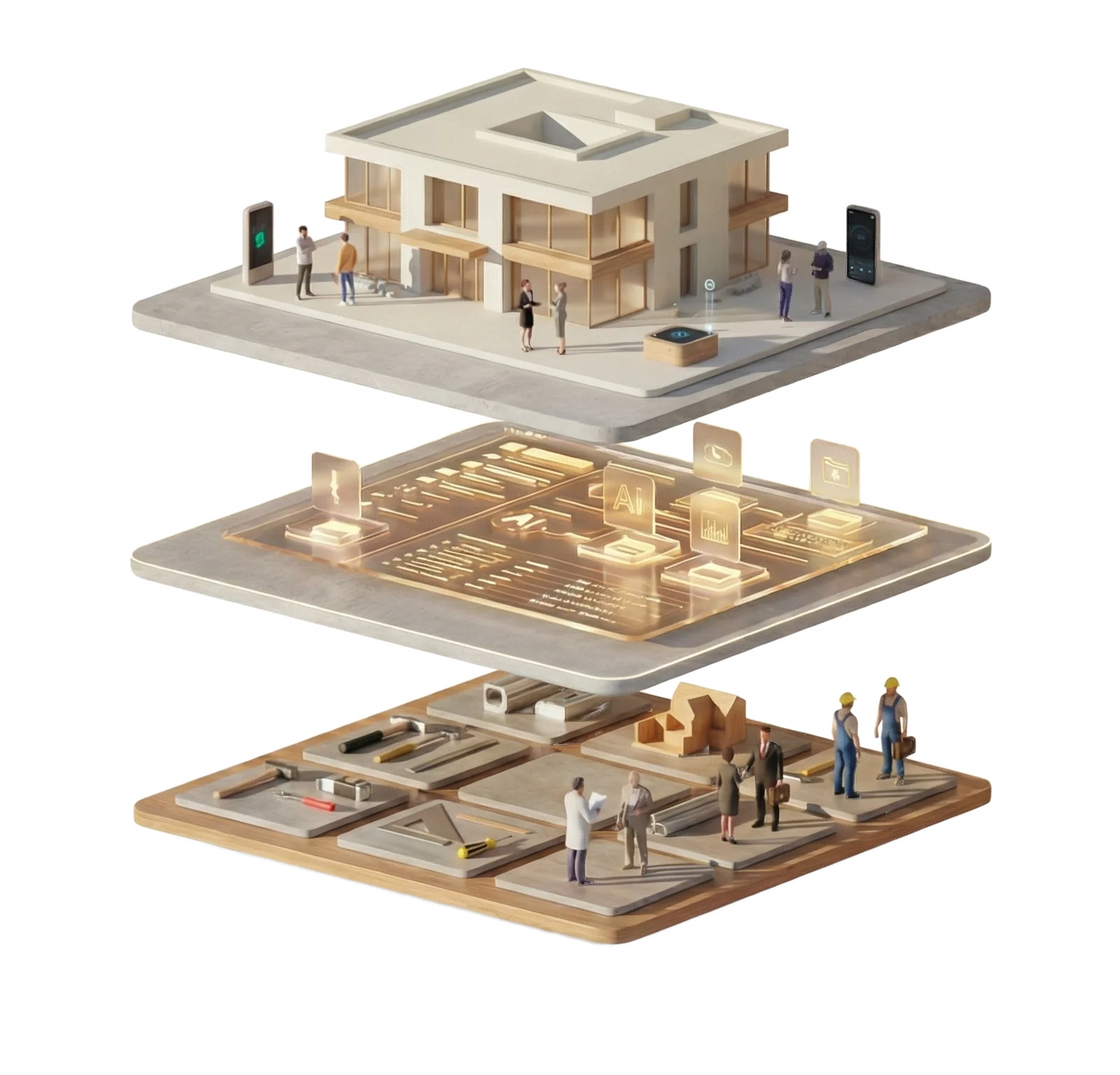 Das Storey-System: die Liegenschaft, das Storey OS und die Experten greifen als drei Ebenen ineinander
